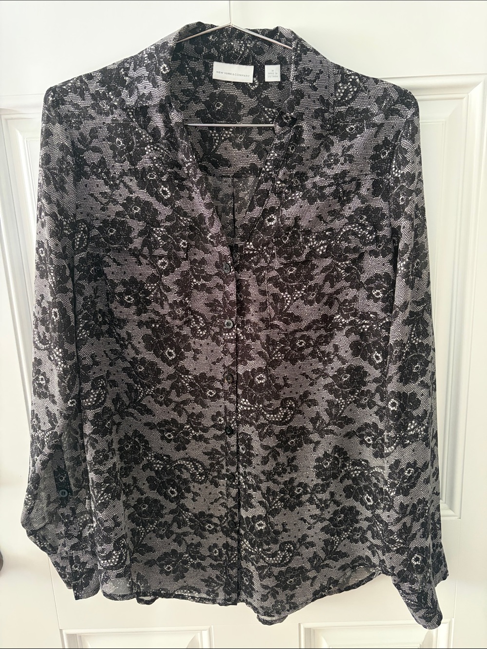 New York & Company Black and Gray Lace-Print Button Down Blouse